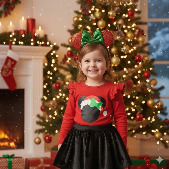 Girls Santa Hat Minnie inspired Ruffled Christmas Raglan Shirt - Picture 1 of 3